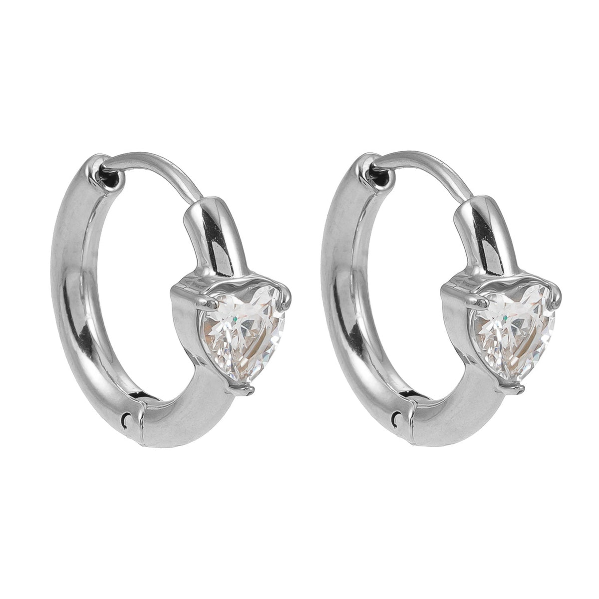 PELLA Or Blanc (Plaqué Argent) : Mini Créoles avec Moissanite en Forme de Cœur