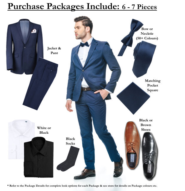 CRÉEZ VOTRE FORFAIT : Costume ajusté extensible noir (le forfait comprend un costume 2 pièces, une chemise, une cravate ou un nœud papillon, une pochette assortie et des chaussures)