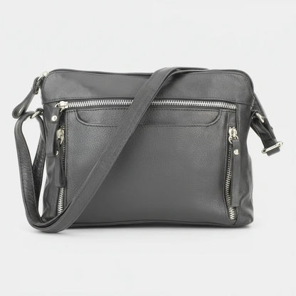 Leather Crossbody Slim Bag with Zippered Pockets & Adjustable Strap