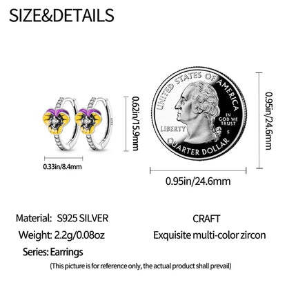Boucles d'oreilles créoles élégantes en argent sterling avec fleur de pensée et zircones cubiques