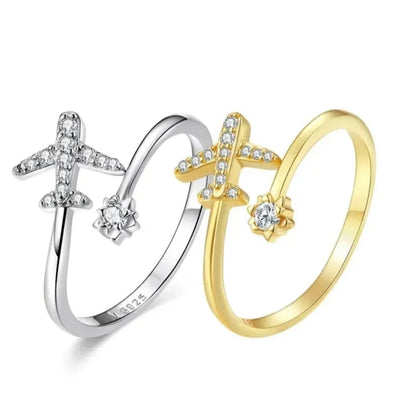 925 Sterling Silver CZ Flying Plane Open Ring