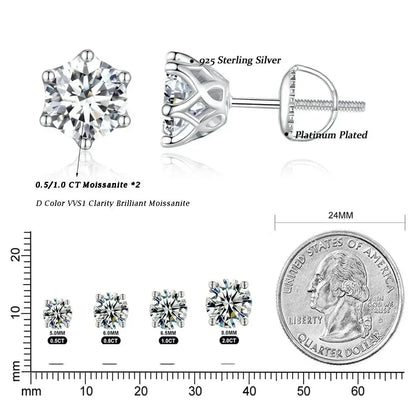 Radiant Moissanite Stud Earrings | D Color Round Cut 925 Silver, Gold Plated