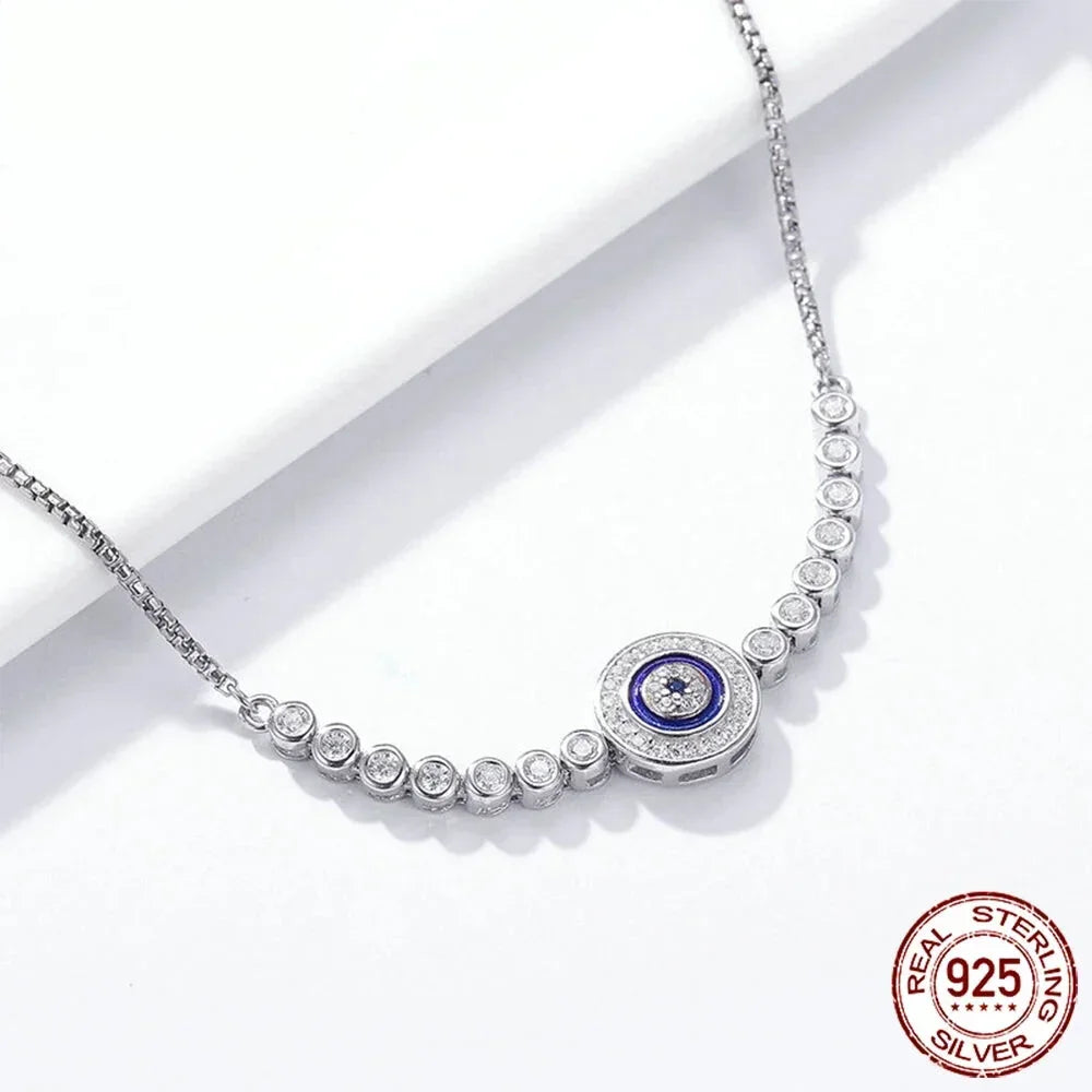 Sterling Silver Evil Eye Tennis Bracelet with CZ – Adjustable
