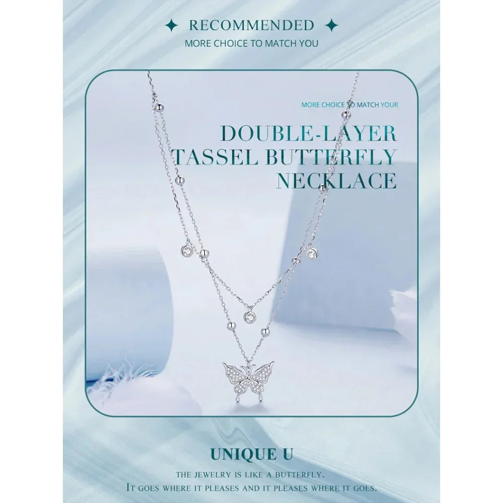 Collier pendentif papillon à double couche en argent sterling 925 pour femme - Bijoux fins élégants