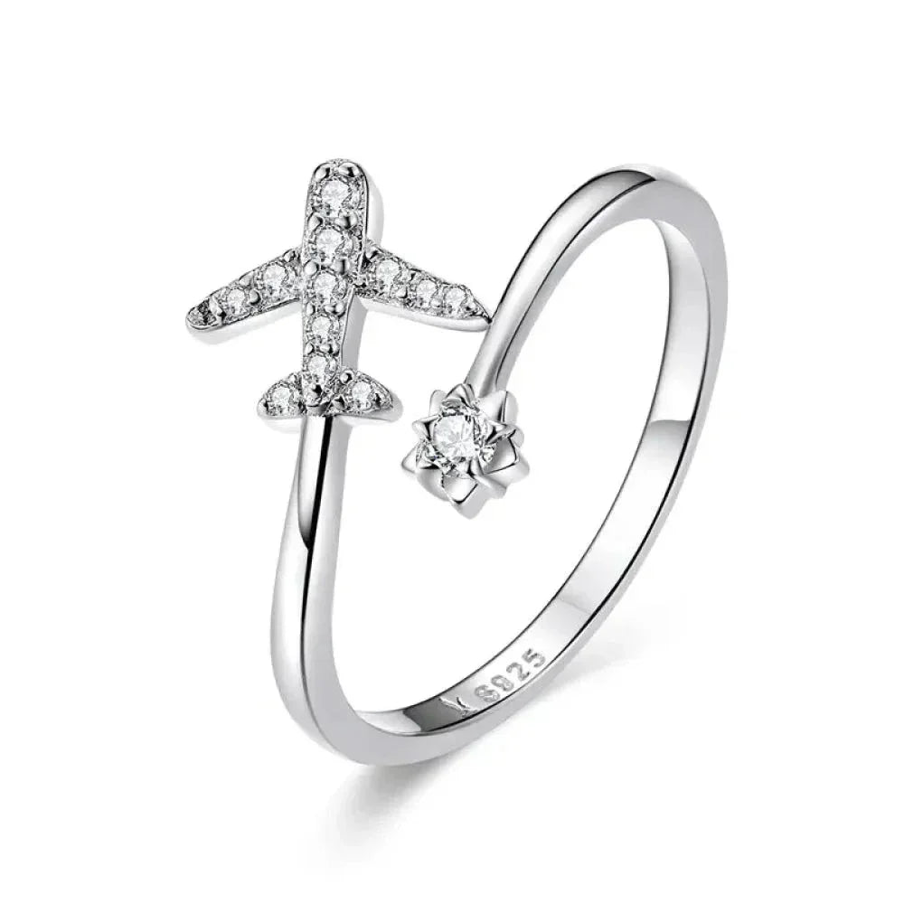 925 Sterling Silver CZ Flying Plane Open Ring