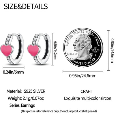 Boucles d'oreilles créoles huggies en argent sterling cœur rose romantique avec oxydes de zirconium