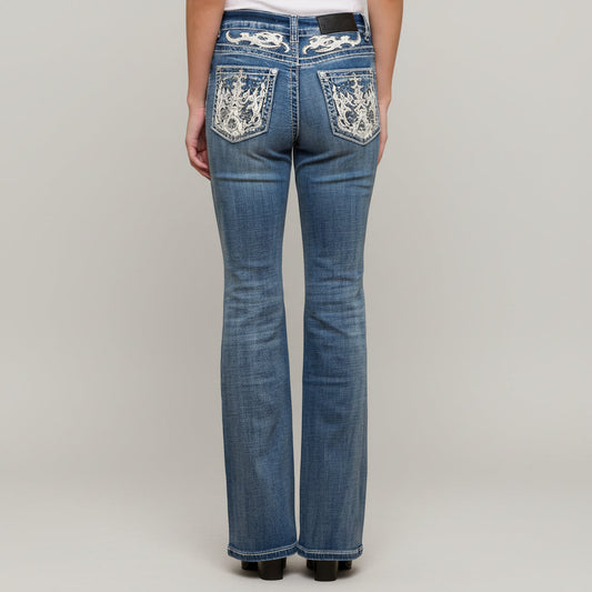Skull Rider Women's Bootcut Bling Jeans. High Waisted Embroidered Western Denim