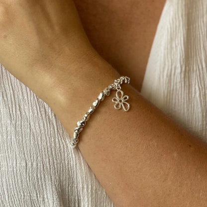 Flower Charm Nugget Bracelet in Silver Plate
