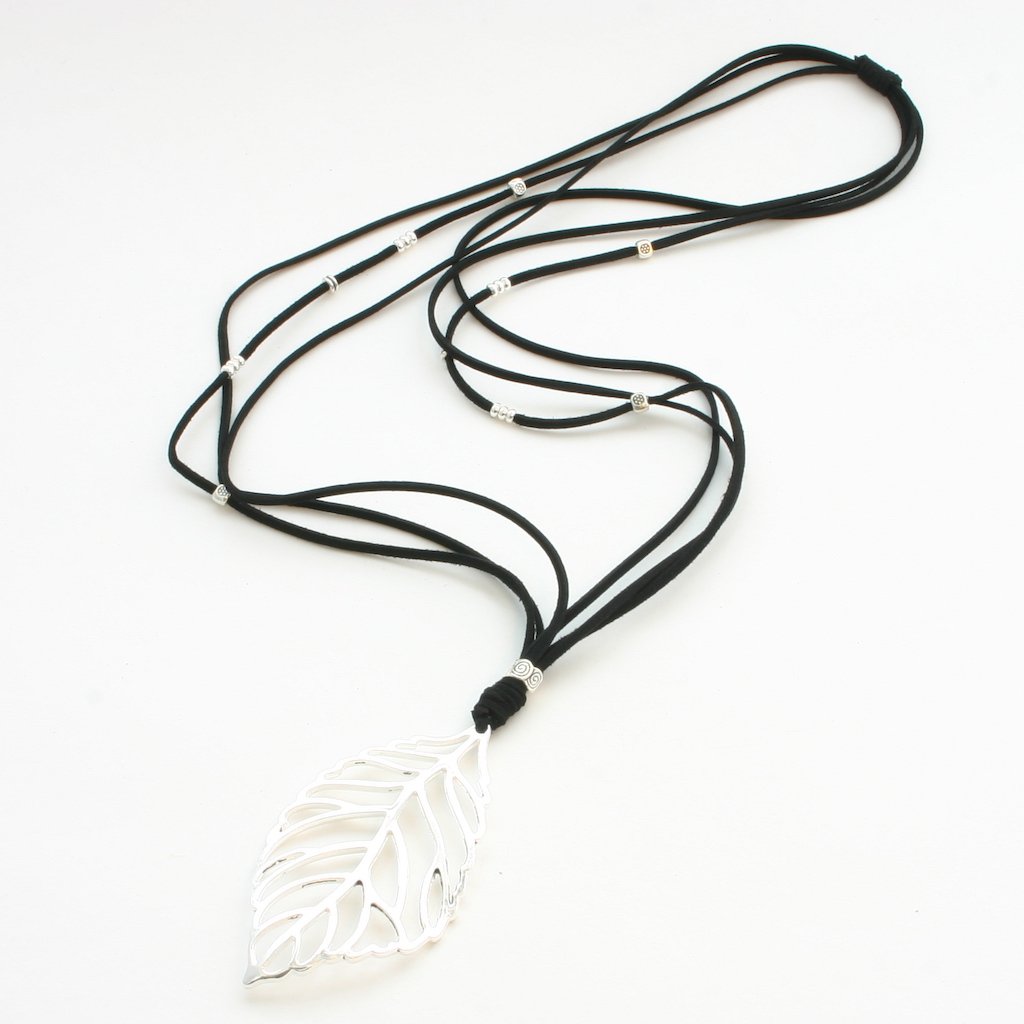 Suede Necklace With Leaf Pendant In Silver Plate