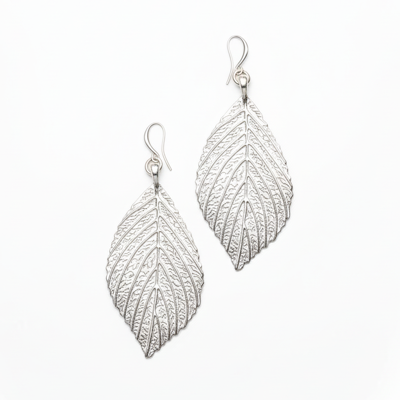 Large Leaf Earrings In Silver Plate