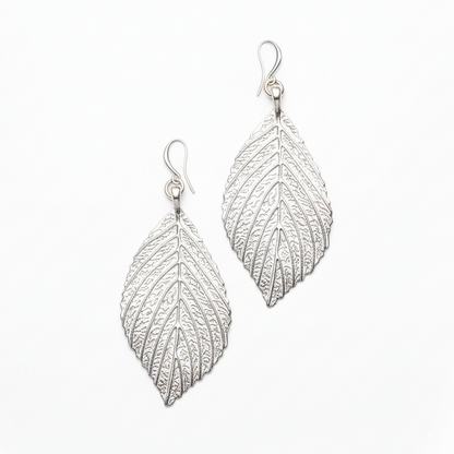Large Leaf Earrings In Silver Plate