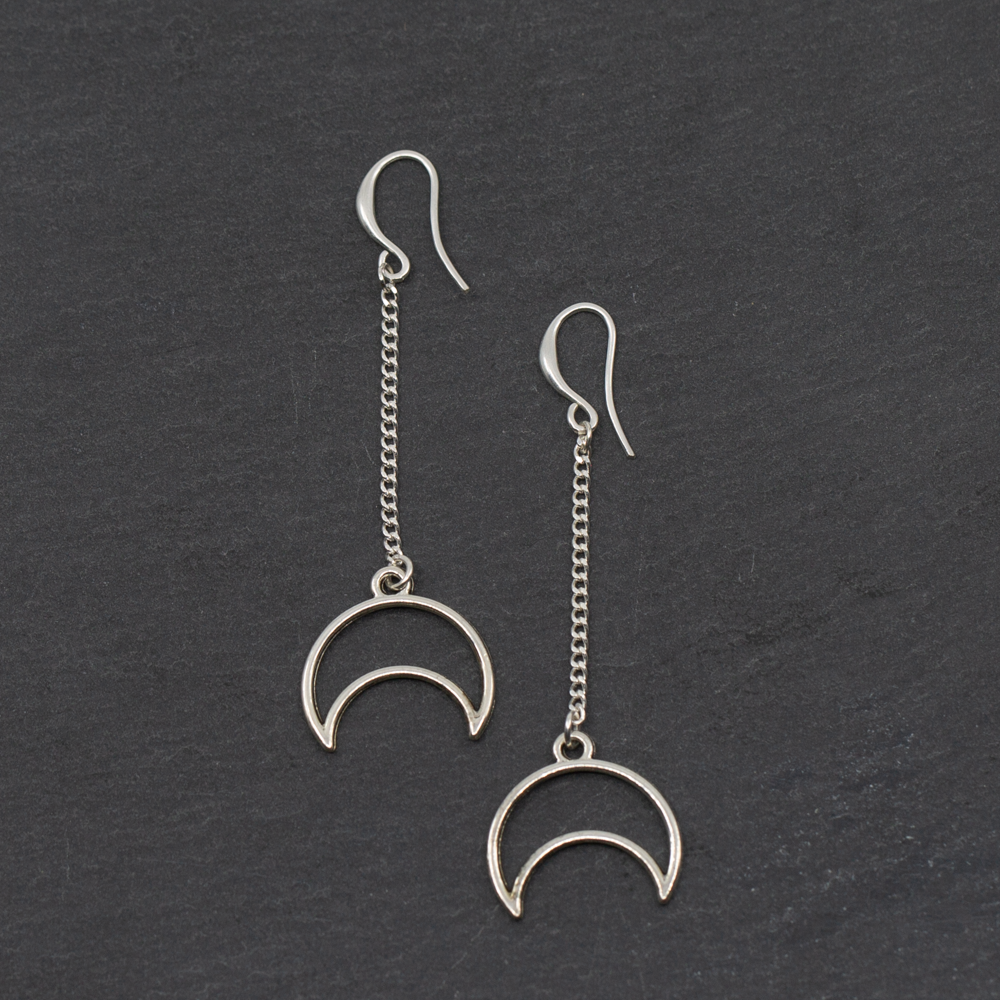 Long Drop Moon Earrings In Silver Plate