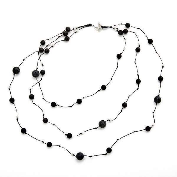 Triple Strand Lava Stone Necklace in Silver Plate