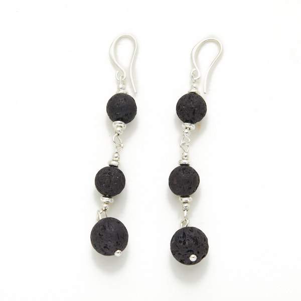 Boucles d'oreilles triple boule en pierre de lave et plaqué argent