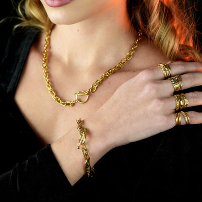 ARDA Gold : Bracelet multi-maillons épais et complexe avec anneau et fermoir en T