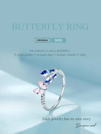 925 Sterling Silver Enamel Butterfly CZ Band Ring