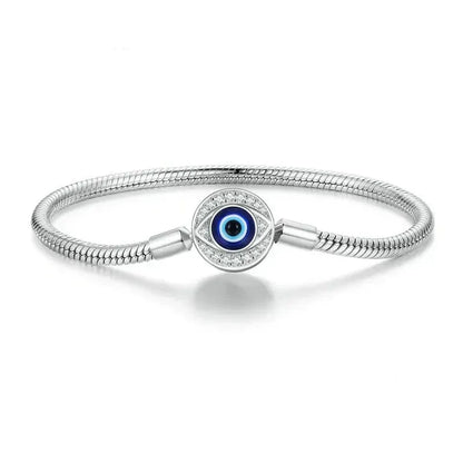 Sterling Silver Evil Eye Charm Bracelet with CZ – Snake Chain