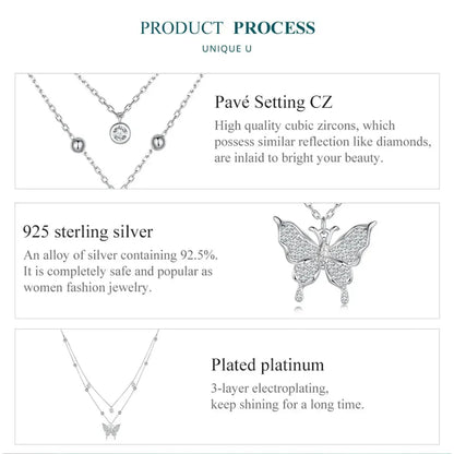 Collier pendentif papillon à double couche en argent sterling 925 pour femme - Bijoux fins élégants