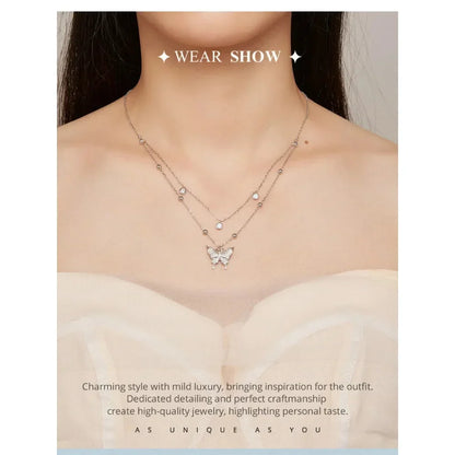Collier pendentif papillon à double couche en argent sterling 925 pour femme - Bijoux fins élégants