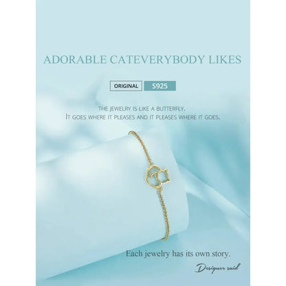 925 Sterling Silver Cat Heart Chain Bracelet