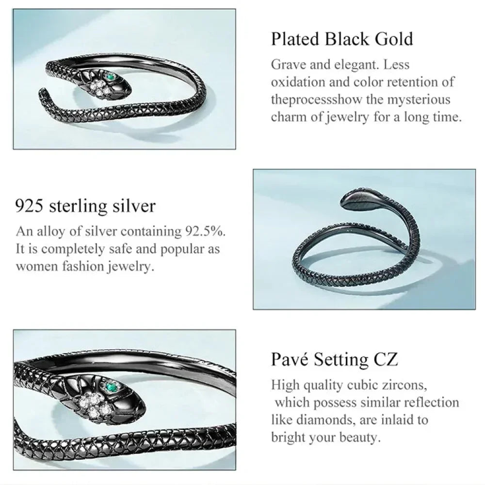 925 Sterling Silver Adjustable Snake Ring With Green Zircon - Fashion Jewelry In 4 Colors