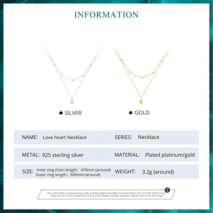 925 Sterling Silver Double Layer Heart Pendant Choker Necklace