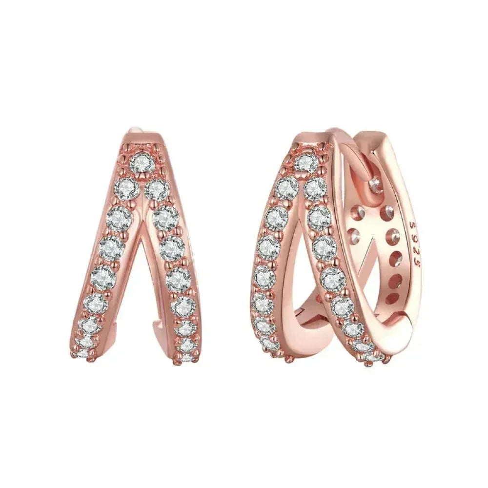 925 Sterling Silver Elegant Geometry Zircon Crystal Double Rings Ear Hoop Earrings