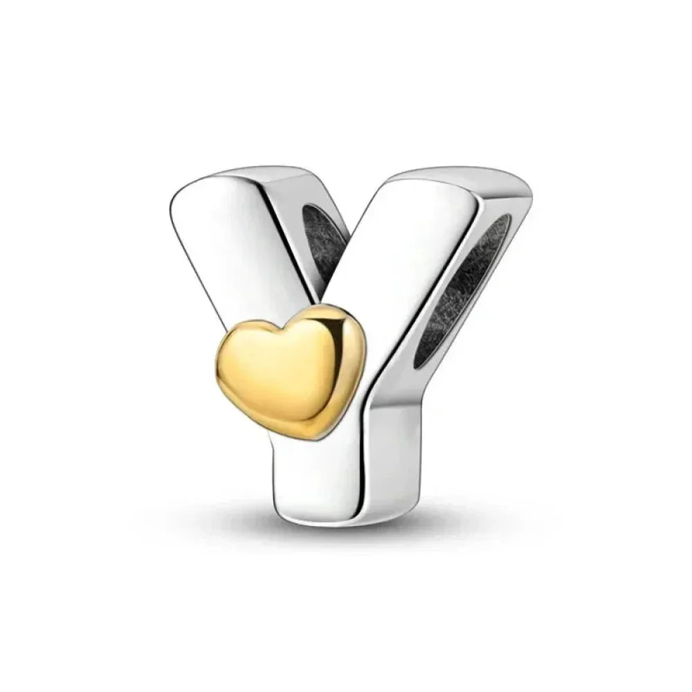 925 Sterling Silver Initial Charm with Gold Heart