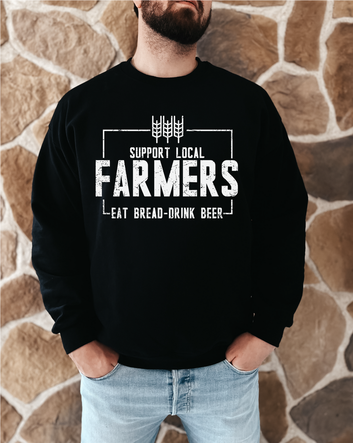 Chandail ras du cou unisexe « Supportez les agriculteurs locaux » | Vêtements Prairie | Vêtements Province | Vêtements Ferme