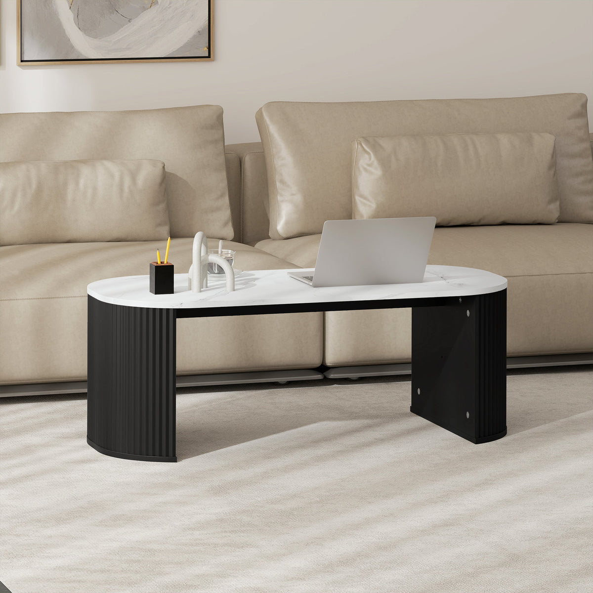Table basse Cameron moderne en similicuir marbre - Noir