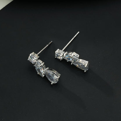 THEOLA: Radiance Triple Moissanite Stack Stud Earrings in Silver Toned White Gold