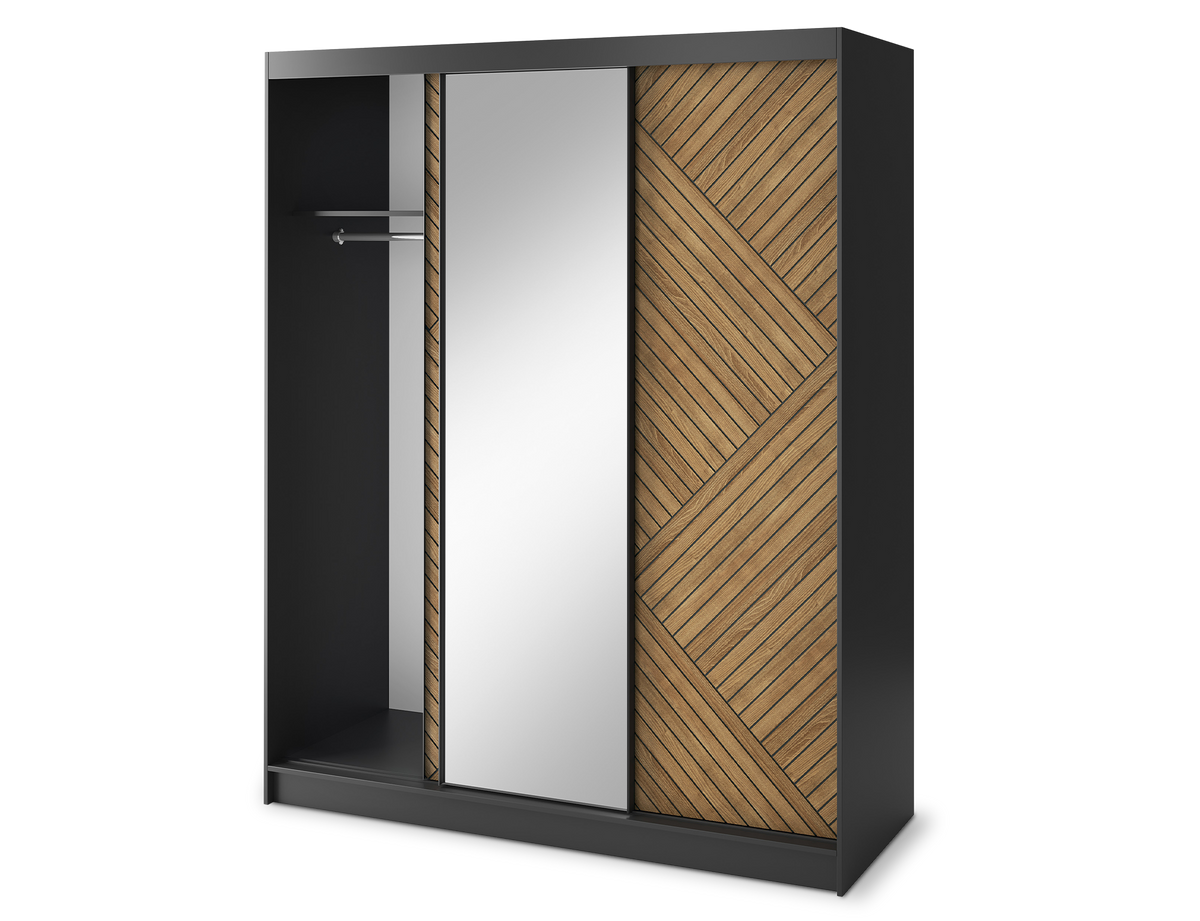 Marrphy Mirrored 3 Sliding Door Freestanding Wardrobe - Black/Oak Caramel