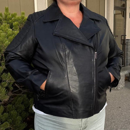 Women's Lamb Leather Biker Style Jacket with Quilted Ribbed Shoulders