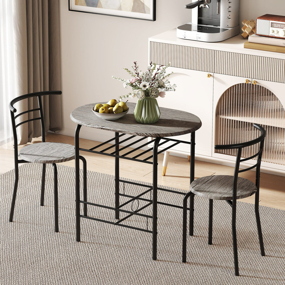 Foden 3-Piece Dining Set with Shelf, for Small Spaces-Dark Grey