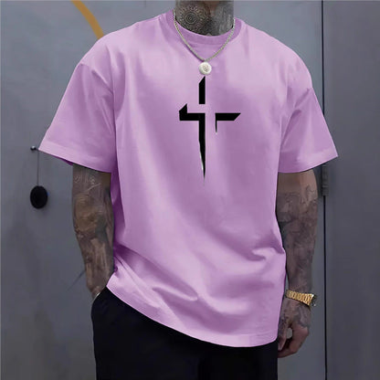Street-style Mens Casual Loose-fit Cross-print Creative Sports Short-sleeve Top
