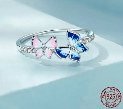 925 Sterling Silver Enamel Butterfly CZ Band Ring