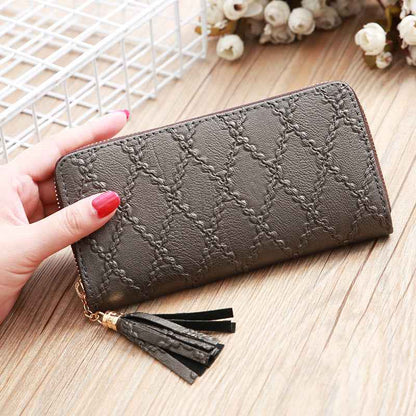 Women's Leather Clutch Wallet – Stylish Tassel Zip Purse with Card Holder Slots