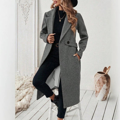 Women’s Double-Breasted Wool Coat – Solid Color Lapel Collar Winter Jacket