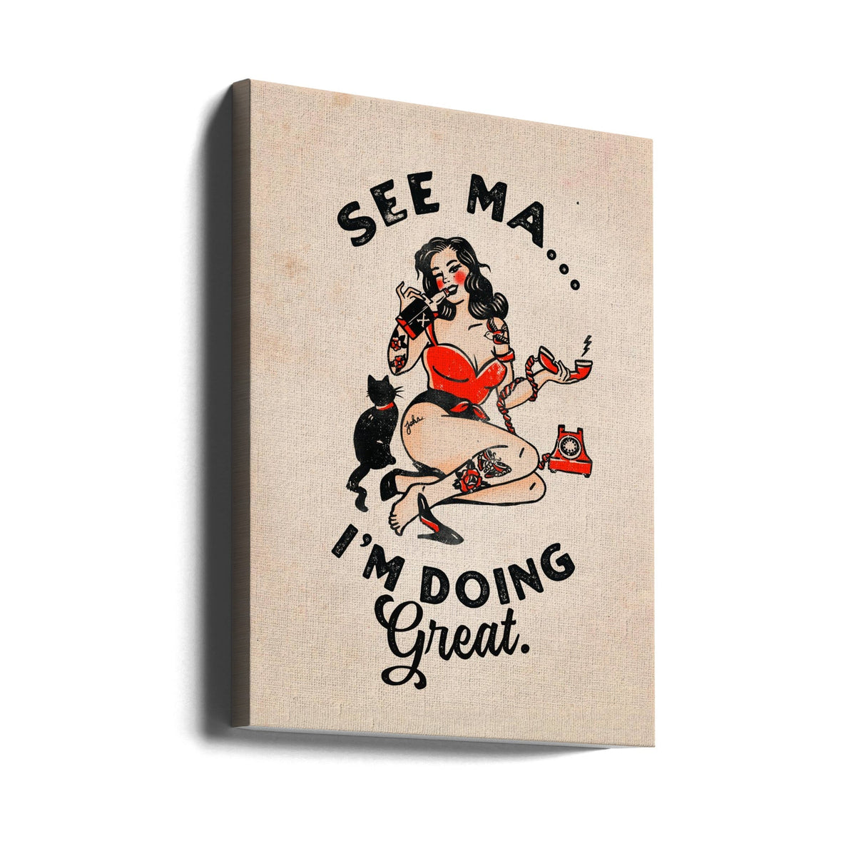 Funny Retro Pinup Woman and Cat Poster Canvas Wall Art | See Ma Poster Funny Vintage Pinup Girl & Cat