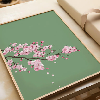 Cherry Blossoms with Emerald Green Background (available handframed ready to hang or unframed)
