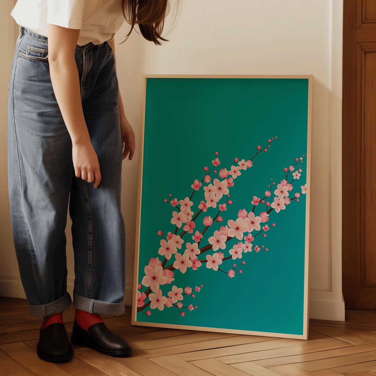 Fleurs de cerisier sur fond aigue-marine sarcelle (disponible encadré prêt à accrocher ou non encadré)