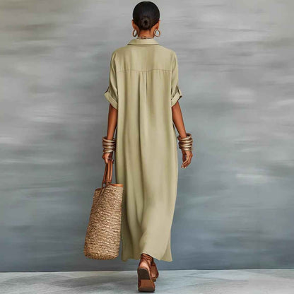 Women’s Summer Short-Sleeve Shirt Dress – Lapel Collar Button-Front Maxi Dress