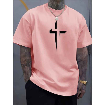 Street-style Mens Casual Loose-fit Cross-print Creative Sports Short-sleeve Top