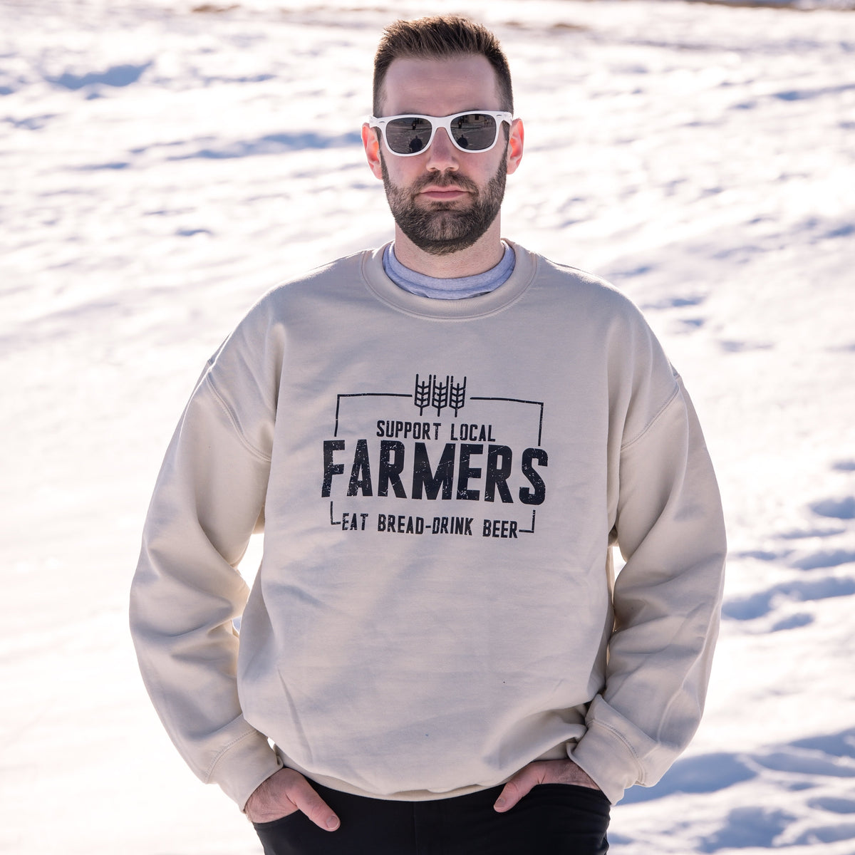 Chandail ras du cou unisexe « Supportez les agriculteurs locaux » | Vêtements Prairie | Vêtements Province | Vêtements Ferme