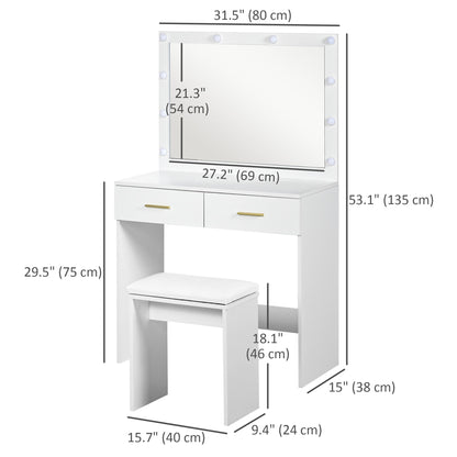 Olivia Vanity Desk Set with Stool and LED Lighting Mirror-White
