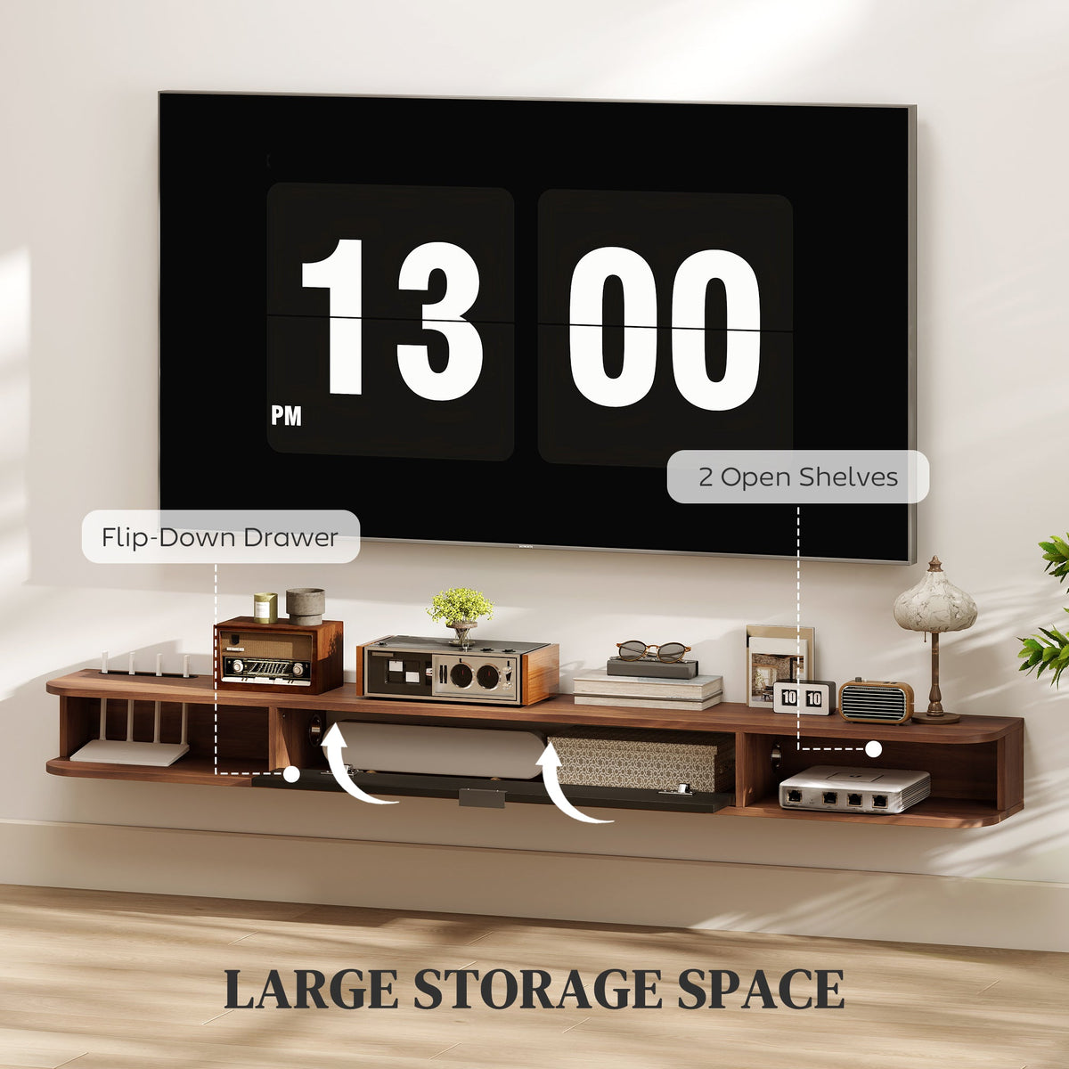 Lennox Floating TV Stand for TVs up to 75" with Flip Drawer-Walnut