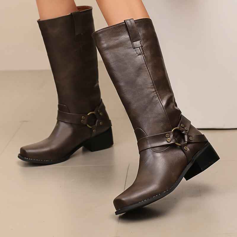 Women’s Square Toe Mid-Calf Boots – Stylish Suede Denim Boots for Fall & Winter