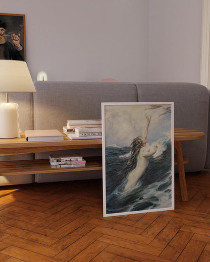Le Poisson volant - Herbert James Draper | Fantaisie romantique océanique | Impression vintage déesse de la mer mythologique nue (disponible encadrée à la main ou sans cadre)