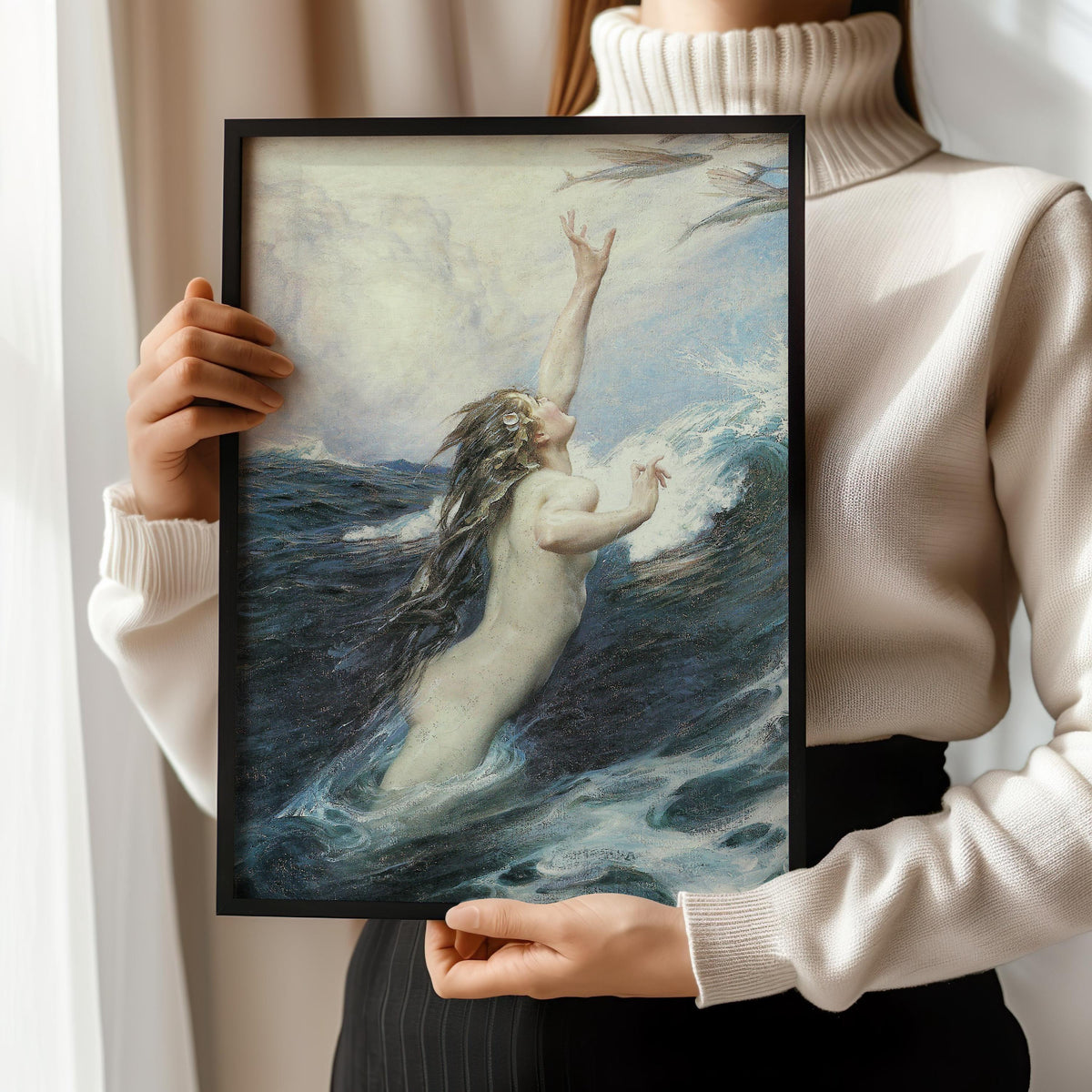 Le Poisson volant - Herbert James Draper | Fantaisie romantique océanique | Impression vintage déesse de la mer mythologique nue (disponible encadrée à la main ou sans cadre)