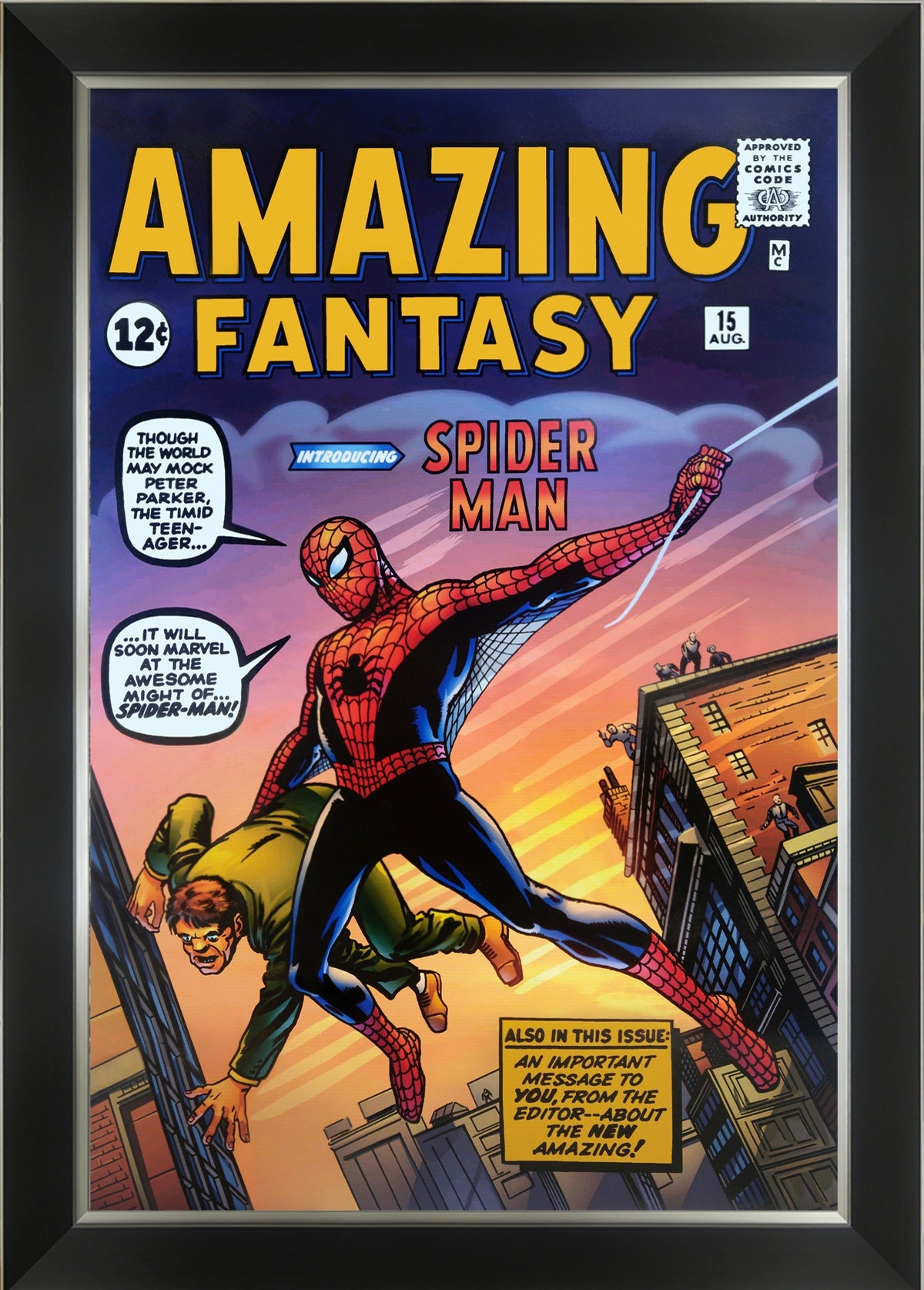 PREMIÈRE APPARITION DE SPIDER-MAN - AMAZING FANTASY - IMPRESSION D'ART ENCADRÉE 85 CM X 60 CM